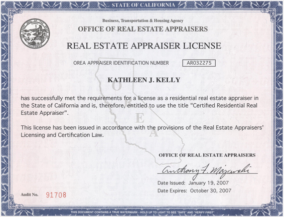 Appraisal Certificate Kathleen Kelly
